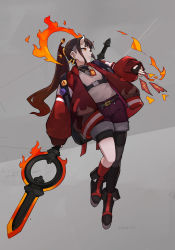 Rule 34 | 1girl, backpack, bag, belt, black footwear, black gloves, brown hair, burning, buttons, earrings, fingerless gloves, fingernails, fire, fire, flame print, gloves, grey background, highres, holding, holding polearm, holding spear, holding weapon, horns, jacket, jewelry, jiang1274, long hair, nail polish, necklace, oni, open clothes, open jacket, orange eyes, original, parted lips, polearm, ponytail, red jacket, shorts, sleeves past wrists, solo, spear, talisman, turtleneck, twitter username, weapon, white nails
