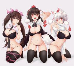 Rule 34 | 3girls, :d, :q, animal ear fluff, animal ears, bikini, black hair, black legwear, breasts, brown eyes, brown hair, commentary request, cowboy shot, finger to mouth, grey background, hat, highres, himekaidou hatate, inubashiri momiji, kneeling, large breasts, long hair, looking at viewer, mamo murata, midriff, multiple girls, navel, open mouth, pom pom (clothes), red eyes, shameimaru aya, short sleeves, simple background, smile, swimsuit, tail, thighhighs, tokin hat, tongue, tongue out, touhou, twintails, very long hair, white background, white hair, wings, wolf ears, wolf tail
