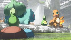 Rule 34 | absurdres, aqua eyes, asteroid ill, bad id, bad twitter id, budew, building, bulbasaur, charmander, commentary request, creatures (company), day, fangs, fire, fire, flame-tipped tail, game freak, gen 1 pokemon, gen 3 pokemon, gen 4 pokemon, grass, highres, krabby, legendary pokemon, nintendo, no humans, open mouth, outdoors, pokemon, pokemon (creature), rayquaza, ruins, smile, squirtle, tongue, water