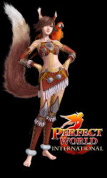 Rule 34 | 1girl, 3d, animal ears, arm warmers, barefoot, bird, brown hair, feathers, full body, hands on own hips, leg warmers, logo, midriff, parrot, perfect world, perfect world international, short hair, simple background, solo, standing, tail, venomancer (character)