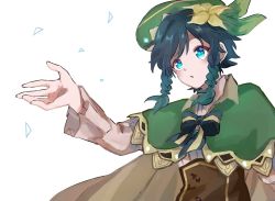 Rule 34 | 1boy, androgynous, beret, blue hair, bow, braid, brooch, cape, collared cape, corset, flower, frilled sleeves, frills, gem, genshin impact, green eyes, green hat, hair flower, hair ornament, hat, jewelry, leaf, long sleeves, looking afar, male focus, nekorin chu, open mouth, shirt, short hair with long locks, simple background, solo, twin braids, venti (genshin impact), white background, white flower, white shirt