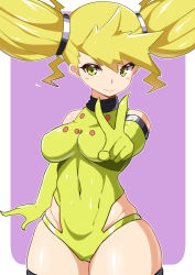 Rule 34 | 1girl, bad id, bad pixiv id, bare shoulders, black thighhighs, blonde hair, blush stickers, breasts, closed mouth, commentary request, cosplay, covered navel, creatures (company), curvy, game freak, gen 8 pokemon, gloves, green eyes, green leotard, hair tie, hand up, highleg, highleg leotard, legendary pokemon, leotard, long hair, mituyota 76, nintendo, personification, pokemon, regieleki, regieleki (cosplay), shiny skin, solo, thighhighs, twintails, two-tone background, v, very long hair, wide hips
