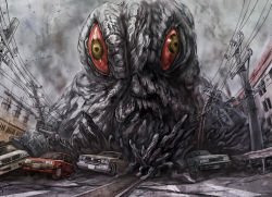 Rule 34 | alien, car, city, colored sclera, epic, fog, giant, giant monster, godzilla (series), godzilla vs. hedorah, hedorah, kaijuu, looking at viewer, monster, motor vehicle, pollution, power lines, red eyes, red sclera, road, slime (creature), smog, smoke, space monster, street, toho, yagi2013