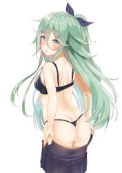 Rule 34 | 1girl, :o, absurdres, aqua eyes, ass, bare shoulders, black ribbon, blue bra, blue panties, blue skirt, blush, bra, breasts, butt crack, from behind, green hair, hair between eyes, hair ornament, hair ribbon, hairclip, highres, kantai collection, long hair, looking at viewer, looking back, medium breasts, o-ring, open mouth, panties, parted bangs, ponytail, ribbon, sidelocks, simple background, skirt, solo, thong, underwear, undressing, white background, yamakaze (kancolle), zuki