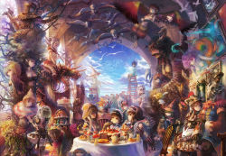 Rule 34 | 4boys, 6+girls, adder, bad id, bad pixiv id, bird, bow (weapon), breasts, cake, chair, checkerboard cookie, chessboard, cloud, cookie, crowd, dragon, dress, dryad, eating, fairy, fantasy, feathers, feeding, food, fruit, gothic lolita, hat, highres, ladder, large breasts, lolita fashion, mask, monster girl, multiple boys, multiple girls, mushroom, original, outdoors, parfait, pastry, pavement, plant girl, sideboob, sitting, size difference, sky, strawberry, strawberry shortcake, surreal, table, tablecloth, tiered tray, tree, weapon, witch hat, yoshiku (oden-usagi)