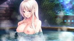 Rule 34 | 1girl, amaemi-longing for you-, blush, breasts, completely nude, eyebrows hidden by hair, female focus, game cg, hand on own chest, highres, kurusu sakuya, large breasts, long hair, looking at viewer, nipples, nude, onsen, open mouth, original, oryo (oryo04), outdoors, partially submerged, purple eyes, smile, solo, steam, tree, upper body, water, wet, white hair