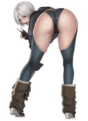 Rule 34 | 1girl, angel (kof), ass, ass focus, bent over, black gloves, blush, boots, cameltoe, cowboy boots, crotch, dantewontdie, female focus, fingerless gloves, from behind, full body, gloves, grey eyes, highres, jacket, legs, legs apart, looking at viewer, looking back, matching hair/eyes, panties, short hair, simple background, skindentation, smile, solo, the king of fighters, thighs, underwear, v, white background, white hair