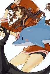 Rule 34 | 1girl, anchor, anchor symbol, animal, bike shorts, black gloves, blush stickers, brown hair, cabbie hat, dolphin, fingerless gloves, found modori, from side, gloves, guilty gear, guilty gear strive, hat, highres, jacket, long hair, looking to the side, may (guilty gear), mr. dolphin (guilty gear), open mouth, orange hat, orange jacket, short shorts, shorts, simple background, skull and crossbones, solo, white background