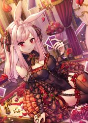 Rule 34 | 1girl, absurdres, animal ears, bare shoulders, black thighhighs, blush, breasts, card, cleavage, commentary request, curtains, flower, garter straps, gun, highres, holding, holding card, indoors, large breasts, looking at viewer, medium hair, nail polish, nyamaso, original, parted lips, petals, pink hair, playing card, rabbit ears, rabbit girl, red eyes, red nails, rose, sitting, smile, solo, thighhighs, thighs, weapon