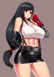 Rule 34 | 1990s (style), 1girl, black hair, blush, breasts, elbow gloves, female focus, final fantasy, final fantasy vii, fingerless gloves, gloves, ishimiso (ishimura), large breasts, long hair, low-tied long hair, midriff, miniskirt, navel, panties, pantyshot, pencil skirt, red eyes, retro artstyle, shirt, simple background, skirt, solo, standing, stomach, suspender skirt, suspenders, tank top, taut clothes, taut shirt, tifa lockhart, underwear, very long hair