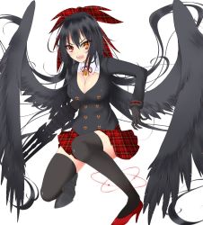 Rule 34 | &gt;:o, 1girl, :o, alternate costume, arm cannon, asymmetrical footwear, bird wings, black gloves, black hair, black thighhighs, black wings, blazer, blush, bow, breasts, cleavage, detached collar, fangs, gloves, gmot, hair bow, high heels, highres, jacket, kneeling, large breasts, long hair, long sleeves, looking at viewer, miniskirt, mismatched footwear, neck ribbon, open mouth, plaid, plaid bow, plaid skirt, radiation symbol, red bow, red eyes, red ribbon, red skirt, reiuji utsuho, ribbon, skirt, solo, symbol-shaped pupils, thighhighs, third eye, touhou, tsurime, v-shaped eyebrows, weapon, white background, wings, zettai ryouiki