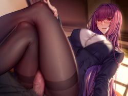 Rule 34 | 1boy, 1girl, bespectacled, black skirt, breasts, button gap, buttons, censored, classroom, collared shirt, commentary request, crossed legs, desk, dress shirt, fate/empire of dirt, fate/grand order, fate (series), formal, game cg, glasses, hair intakes, hetero, long hair, lun7732, motion blur, open mouth, pantyhose, penis, purple hair, red eyes, scathach (fate), school, shirt, skirt, skirt suit, smile, solo focus, suit, taut clothes, taut shirt, teacher, thigh sex, thighband pantyhose, torn clothes, torn legwear, very long hair