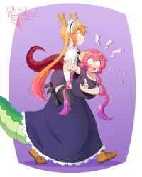 Rule 34 | 2girls, :|, absurdres, annoyed, blush, breasts, closed mouth, clothes lift, dragon girl, dragon horns, dress, dress lift, elbow gloves, female focus, gloves, gradient background, gradient hair, highres, holding, holding person, horns, huge breasts, ilulu (maidragon), kobayashi-san chi no maidragon, large tail, light purple hair, long hair, maid, maid headdress, masked ink, multicolored hair, multiple girls, necktie, open mouth, orange eyes, orange hair, pink hair, pointy ears, puffy short sleeves, puffy sleeves, purple background, red eyes, scales, sharp teeth, short sleeves, shortstack, signature, signature, simple background, slit pupils, sweat, tail, teeth, thighhighs, tohru (maidragon), twintails, v-shaped eyebrows, very long hair