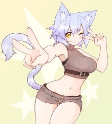 Rule 34 | 1girl, absurdres, animal ear fluff, animal ears, bare shoulders, blue hair, blush, breasts, cat ears, cat girl, cat tail, double v, highres, large breasts, looking at viewer, midriff, navel, one eye closed, open mouth, orange eyes, original, pantyhose, ryota tentei, scar, short hair, short shorts, shorts, sleeveless, smile, solo, tail, tora tentei, v