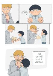 Rule 34 | 2boys, aged down, black hair, blonde hair, blunt bangs, bowl cut, child, closed mouth, comic, cutystuffy, english text, formal, grey shirt, grey suit, high five, highres, kageyama shigeo, long sleeves, looking at another, male focus, mob psycho 100, multiple boys, necktie, open hands, open mouth, purple necktie, reigen arataka, shirt, short hair, short sleeves, simple background, smile, suit