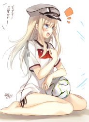 Rule 34 | 10s, 1girl, 2014 fifa world cup, alternate costume, artist name, ball, bare legs, barefoot, bismarck (kancolle), blonde hair, blue eyes, blush, brazuca, germany, hat, kantai collection, long hair, one-hour drawing challenge, open mouth, panties, side-tie panties, sitting, soccer, soccer ball, soccer uniform, solo, sportswear, tears, toosaka asagi, translated, underwear, world cup