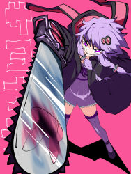 Rule 34 | 1girl, animal hood, black hoodie, bright pupils, chainsaw, commentary, dress, empire waist, floating hair, foreshortening, from above, grin, hair ornament, highres, holding, holding chainsaw, hood, hood down, hoodie, kakihou, looking at viewer, open clothes, open hoodie, pink background, purple dress, purple eyes, purple hair, purple thighhighs, rabbit hood, red hoodie, ribbed dress, ribbed thighhighs, sayonara chainsaw (vocaloid), sharp teeth, short dress, short hair with long locks, simple background, smile, solo, song name, teeth, thighhighs, tsurime, two-tone hoodie, v-shaped eyebrows, vocaloid, voiceroid, white pupils, yuzuki yukari