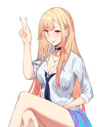 Rule 34 | 1girl, absurdres, black choker, blonde hair, blue necktie, breasts, choker, cleavage, closed mouth, commentary, crossed legs, english commentary, hand up, highres, jewelry, kitagawa marin, large breasts, lips, long hair, long sleeves, looking at viewer, necklace, necktie, red eyes, shirt, simple background, sitting, skirt, smile, solo, sono bisque doll wa koi wo suru, talnory, thighs, v, white background, white shirt