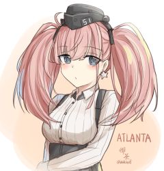 Rule 34 | 1girl, absurdres, atlanta (kancolle), black hat, black skirt, blush, brown hair, buttons, character name, closed mouth, collared shirt, earrings, garrison cap, grey eyes, hair between eyes, hat, high-waist skirt, highres, jewelry, kantai collection, long hair, long sleeves, shirt, single earring, skirt, solo, star (symbol), star earrings, suspender skirt, suspenders, twitter username, two side up, upper body, white shirt, yu cha