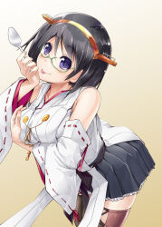 Rule 34 | 1girl, bare shoulders, black hair, black skirt, boots, breast hold, breasts, detached sleeves, glasses, gradient background, kantai collection, kirishima (kancolle), kirishima kai ni (kancolle), leaning forward, medium breasts, nontraditional miko, purple eyes, sarashi, short hair, skirt, solo, spoon, thigh boots, thighhighs, tongue, tongue out, yuugo (atmosphere), zettai ryouiki