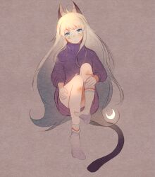 Rule 34 | 1girl, animal ear fluff, animal ears, blue eyes, blush, cat ears, cat tail, closed mouth, commentary, crescent, crescent moon, crescent necklace, dress, english commentary, foot up, frown, gift art, grey background, hand on own leg, hand on own thigh, highres, hoshi-pan, jewelry, long hair, looking at viewer, moon, necklace, no shoes, original, purple dress, purple sweater, short dress, sitting, socks, sweater, sweater dress, tail, very long hair, white hair, white socks