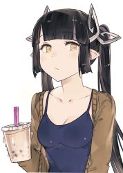 Rule 34 | 1girl, nanashi inc., :/, alternate costume, black camisole, black hair, blunt bangs, breasts, brown jacket, bubble tea, camisole, cleavage, closed mouth, commentary request, cup, demon girl, demon horns, drinking straw, expressionless, hanarito, holding, holding cup, horns, jacket, kojo anna, long hair, long sleeves, looking at viewer, medium breasts, multicolored hair, pointy ears, purple hair, simple background, solo, sugar lyric, twintails, two-tone hair, upper body, virtual youtuber, yellow eyes