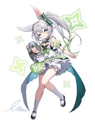 Rule 34 | 1girl, ;o, animal ears, apron, bare shoulders, black footwear, bloomers, bow, breasts, detached collar, detached sleeves, dress, egg, fake animal ears, frilled dress, frills, full body, genshin impact, gradient hair, green dress, green eyes, green hair, grey hair, hair bow, highres, long hair, looking at viewer, monini, multicolored hair, nahida (genshin impact), one eye closed, pointy ears, rabbit ears, shoes, short dress, side ponytail, signature, simple background, small breasts, socks, solo, symbol-shaped pupils, transparent background, underwear, very long hair, white bloomers, white bow, white socks
