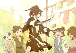 Rule 34 | 5boys, amputee, balding, black hair, child, clenched hand, closed mouth, dororo (tezuka), hyakkimaru (dororo), japanese clothes, kon (kin219), looking at another, male focus, multiple boys, ponytail, prosthesis, sword, tan, weapon