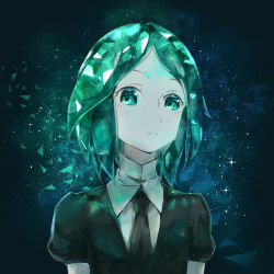 Rule 34 | androgynous, commentary request, gender request, green eyes, green hair, houseki no kuni, jin yun, looking at viewer, necktie, painttool sai, phosphophyllite, puffy short sleeves, puffy sleeves, shards, short hair, short sleeves, sketch, solo, sparkle, upper body