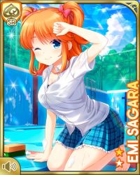 Rule 34 | 1girl, barefoot, blue eyes, brush, card (medium), character name, closed mouth, competition swimsuit, day, from side, girlfriend (kari), hair ornament, kneeling, looking at viewer, official art, one-piece swimsuit, one eye closed, orange hair, plaid, plaid skirt, pool, qp:flapper, red ribbon, ribbon, sagara emi, skirt, solo, swimsuit, tagme, twintails, wet, wet clothes, wiping brow