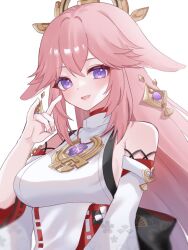 Rule 34 | 1girl, animal ears, bare shoulders, blush, breasts, cherry blossoms, detached sleeves, floppy ears, fox, fox ears, genshin impact, hair ornament, japanese clothes, kino (curry pan), long hair, looking at viewer, medium breasts, okobo, open mouth, pink fur, pink hair, purple eyes, sandals, smile, solo, tomoe (symbol), vision (genshin impact), wide sleeves, yae miko