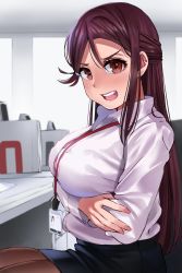Rule 34 | 10s, 1girl, alternate breast size, alternate costume, arms under breasts, blouse, blush, breasts, brown eyes, button gap, collared shirt, formal, hair ornament, hairclip, half updo, highres, id card, igarashi kyouhei, indoors, large breasts, long hair, looking at viewer, love live!, love live! sunshine!!, name tag, office lady, open mouth, pantyhose, pencil skirt, purple hair, sakurauchi riko, shirt, skirt, solo, suit, upper body, v-shaped eyebrows, white shirt
