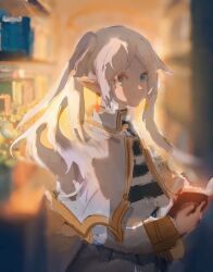 Rule 34 | 1girl, blue eyes, blurry, blurry background, book, capelet, closed mouth, commentary, dress, elf, frieren, hashtag only commentary, highres, holding, holding book, long sleeves, looking at viewer, outdoors, pointy ears, smile, solo, sousou no frieren, twintails, upper body, white capelet, white dress, white hair, yi 12199