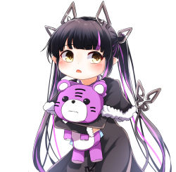 Rule 34 | 1girl, nanashi inc., alternate costume, black dress, black hair, blunt bangs, blush, commentary request, cowboy shot, dameyoshi, demon girl, demon horns, demon tail, dress, highres, holding, holding stuffed toy, horns, kojo anna, long hair, long sleeves, looking afar, looking to the side, multicolored hair, open mouth, pink hair, pointy ears, simple background, solo, stuffed animal, stuffed tiger, stuffed toy, sugar lyric, tail, twintails, two-tone hair, virtual youtuber, white background, yellow eyes