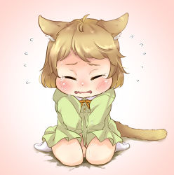 1girl animal_ears blush bow bowtie brown_hair cat_ears cat_girl cat_tail delta_(triangle_dek) dress embarrassed closed_eyes flying_sweatdrops green_dress highres long_sleeves open_mouth orange_neckwear peeing peeing_self pink_background puddle short_hair sitting socks sweat tail tears white_legwear