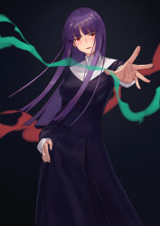 Rule 34 | 1girl, absurdres, asagami (hnt16303310), asagami fujino, bad id, bad pixiv id, black background, black dress, blunt bangs, blush, contrapposto, dress, floating hair, hand on own hip, highres, kara no kyoukai, long hair, long sleeves, looking at viewer, nun, outstretched arms, parted lips, purple hair, red eyes, reien girl&#039;s academy school uniform, school uniform, solo, standing, traditional nun, very long hair