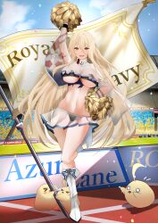 Rule 34 | &gt; &lt;, 1girl, absurdres, arm up, armlet, azur lane, bare shoulders, bikini, bird, black bikini, blonde hair, blue sky, blush, boots, breasts, cheerleader, chick, cleavage, cloud, commentary request, commission, confetti, copyright name, cosplay, covered collarbone, crop top, crop top overhang, day, flag, full body, hair between eyes, hand on own hip, highres, holding, holding pole, holding pom poms, implacable (azur lane), ishida katsuzane, large breasts, long bangs, long hair, looking at viewer, manjuu (azur lane), navel, o o, open mouth, pixiv commission, pole, pom pom (cheerleading), pom poms, red eyes, reno (azur lane), reno (azur lane) (cosplay), reno (biggest little cheerleader) (azur lane), see-through, see-through cleavage, see-through shirt, see-through skirt, see-through sleeves, shadow, shirt, sidelocks, skindentation, skirt, sky, sleeveless, soccer field, solo focus, stadium, standing, standing on one leg, stomach, swimsuit, thigh boots, two-tone shirt, two-tone skirt, underboob, very long hair, white footwear, white shirt, white skirt