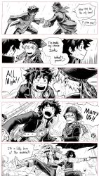 Rule 34 | 1girl, 5boys, 5koma, ?, ??, alternate universe, bakugou katsuki, blood, blood from mouth, boku no hero academia, closed mouth, comic, commentary request, earrings, english text, eraser head (boku no hero academia), eye contact, eyepatch, fighting, freckles, greyscale, gun, hat, highres, holding, holding gun, holding hands, holding sword, holding weapon, jacket, jewelry, jirou kyouka, lc. universe, long hair, long sleeves, looking at another, male focus, midoriya izuku, monochrome, multiple boys, official alternate costume, open mouth, pants, pirate, pirate hat, pirate ship, rain, ship, shirt, short hair, speech bubble, spiked hair, standing, sword, teeth, thai commentary, todoroki shouto, watercraft, weapon, wet, yagi toshinori, yaoi