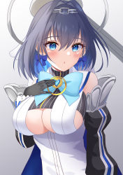 Rule 34 | 1girl, :o, absurdres, black gloves, blue eyes, blue hair, blue neckwear, blush, bow, bow earrings, bowtie, breasts, chain, cleavage cutout, clothing cutout, detached sleeves, earrings, gloves, hair between eyes, hair intakes, hairband, halo, hand on own chest, highres, hololive, hololive english, jewelry, large breasts, looking at viewer, neck ribbon, onabe no shime, open mouth, ouro kronii, ouro kronii (1st costume), ribbon, short hair, solo, upper body, virtual youtuber