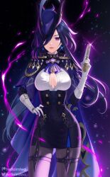 Rule 34 | 1girl, ascot, black skirt, blue hair, breasts, cape, cleavage, clorinde (genshin impact), commentary, cowboy shot, earrings, genshin impact, gloves, gun, hand on own hip, hand up, handgun, hat, helloimtea, high-waist skirt, holding, holding gun, holding weapon, jewelry, long hair, looking at viewer, medium breasts, pantyhose, pencil skirt, pink lips, purple ascot, purple cape, purple eyes, purple pantyhose, shirt, skirt, smile, solo, standing, thigh strap, thighs, tricorne, very long hair, weapon, white gloves, white shirt
