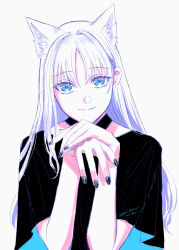 Rule 34 | 1girl, absurdres, animal ear fluff, animal ears, black choker, black nails, black shirt, blue eyes, cat ears, choker, closed mouth, commentary request, dated, hands up, highres, long hair, looking at viewer, noripro, shirayuki mishiro, shirt, short sleeves, simple background, smile, solo, twitter username, upper body, virtual youtuber, white background, white hair, yuri kyanon