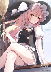 Rule 34 | 1girl, arm support, bare legs, black skirt, blonde hair, blush, bow, breasts, broom, crossed legs, feet out of frame, floating hair, hair bow, hat, hat bow, highres, holding, holding broom, kirisame marisa, light smile, looking to the side, medium breasts, niko kusa, shirt, signature, sitting, skirt, solo, touhou, white shirt, witch hat