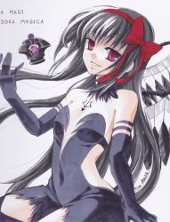 Rule 34 | 10s, 1girl, akemi homura, akuma homura, argyle, argyle clothes, argyle legwear, bad id, bad pixiv id, bare shoulders, black gloves, black hair, black wings, bow, choker, copyright name, dark orb (madoka magica), dress, elbow gloves, feathered wings, gloves, grin, hair bow, long hair, looking at viewer, mahou shoujo madoka magica, mahou shoujo madoka magica: hangyaku no monogatari, p-line, parune chigetsu, purple eyes, signature, simple background, smile, solo, spoilers, thighhighs, white background, wings, zettai ryouiki