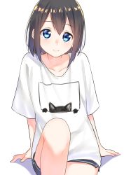 Rule 34 | 1girl, arm support, black hair, black shorts, blue eyes, closed mouth, collarbone, commentary request, feet out of frame, hair between eyes, highres, knee up, looking at viewer, original, shadow, shirt, short shorts, short sleeves, shorts, sitting, smile, solo, suzunari shizuku, white background, white shirt, yuki arare