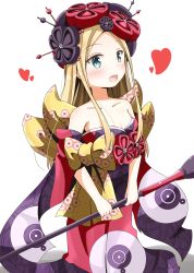Rule 34 | 1girl, :d, abigail williams (fate), absurdres, aikawa ryou, bare shoulders, blonde hair, blue eyes, blush, breasts, cleavage, collarbone, commentary request, cosplay, detached sleeves, dress, fate/grand order, fate (series), flower, hair flower, hair ornament, heart, highres, holding, japanese clothes, katsushika hokusai (fate), katsushika hokusai (fate) (cosplay), kimono, long hair, looking at viewer, open mouth, paintbrush, parted bangs, short sleeves, simple background, sleeveless, sleeveless kimono, small breasts, smile, solo, strapless, white background