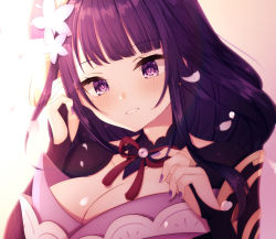 Rule 34 | 1girl, armor, blush, breasts, bridal gauntlets, cleavage, commentary request, falling petals, flower, genshin impact, hair ornament, highres, japanese clothes, kimono, large breasts, long hair, looking at viewer, miitaodao, mole, mole under eye, nail polish, open mouth, petals, purple eyes, purple flower, purple hair, purple nails, raiden shogun, ribbon, shoulder armor, smile, solo, tassel, white background