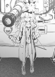 Rule 34 | 1girl, absurdres, armband, blue archive, boots, breasts, cleavage, collarbone, collared shirt, full body, greyscale, hair between eyes, halo, hat, highres, iroha (blue archive), jacket, long hair, long sleeves, looking at viewer, military hat, military jacket, military vehicle, monochrome, motor vehicle, necktie, no pants, parted lips, peaked cap, shirt, sign, solo, soy chicken, tank, tiger i, unbuttoned, unbuttoned jacket, very long hair, wavy hair