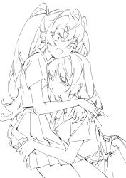 Rule 34 | 2girls, ahoge, bad id, bad twitter id, eyelashes, hair between eyes, hair flowing over, half-closed eyes, highres, hug, ichibi, lineart, long eyelashes, long hair, looking at viewer, monochrome, multiple girls, open mouth, original, parted lips, pointing, ponytail, simple background, skirt, smile, white background