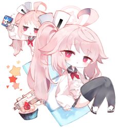 Rule 34 | 1girl, :&lt;, ahoge, bendy straw, black sailor collar, black skirt, black thighhighs, blue archive, blush, boots, chibi, commentary request, cupcake, drinking straw, drum (container), food, halo, holding, kotatu (akaki01aoki00), long hair, long sleeves, micro uzi, milk carton, multiple views, natsu (blue archive), neckerchief, parted lips, pink hair, pleated skirt, puffy long sleeves, puffy sleeves, red eyes, red neckerchief, sailor collar, shirt, side ponytail, simple background, skirt, sleeves past wrists, star (symbol), thighhighs, triangle mouth, very long hair, white background, white footwear, white shirt