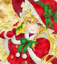 Rule 34 | 1girl, adapted costume, alto2019, blonde hair, bow, braid, capelet, christmas, fur trim, gloves, hat, hat bow, highres, kirisame marisa, marker (medium), red capelet, red gloves, red hat, santa costume, single braid, solo, star (symbol), touhou, traditional media, witch hat, yellow eyes